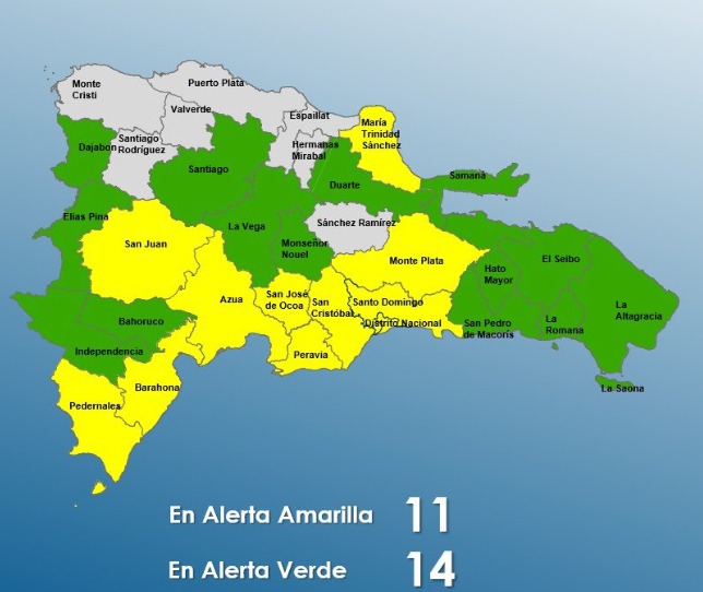 COE mantiene 10 provincias y el Distrito Nacional en alerta amarilla y 14 en verde
